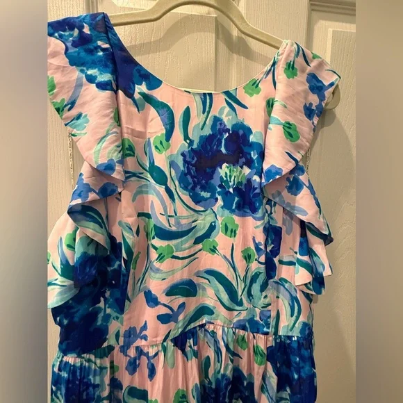 Lilly Pulitzer Pink Midi Dress with Blue Floral and Green Leaves - Picture 2 of 4